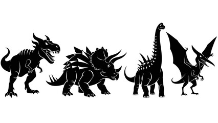 Silhouetted dinosaurs including a T-Rex, Triceratops, Brachiosaurus, and Pterodactyl are displayed in a row. © Tutorialxxx18