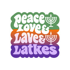 Peace Love Latkes text art with menorahs on white background