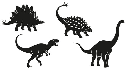 Silhouettes of four different dinosaurs: Stegosaurus, Ankylosaurus, Tyrannosaurus Rex, and Brachiosaurus.