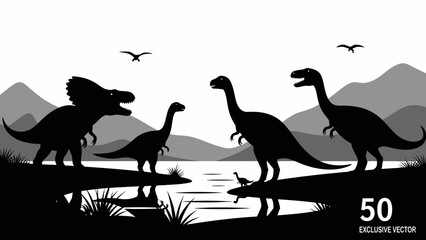 Silhouetted dinosaurs, including a Triceratops, near a lake with mountains in the background, and birds flying above. © Tutorialxxx18
