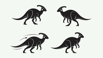 Silhouette illustrations of Parasaurolophus dinosaurs in various poses, walking and running.