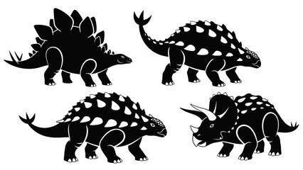 A collection of four black and white dinosaur silhouettes, including a Stegosaurus, two Ankylosaurus, and a Triceratops.
