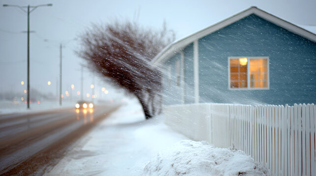 Snowstorm with fierce wind blowing snow along a village road next to a blue house and snow pile
