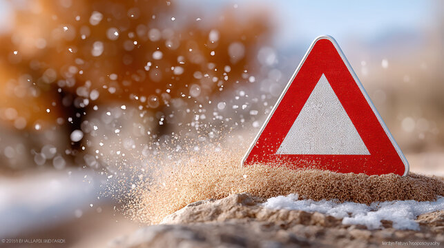 Triangular avalanche warning sign on snow with sand particles and blurred autumn trees in the background