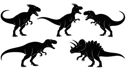 Five black dinosaur silhouettes, showcasing different species and their distinct profiles.