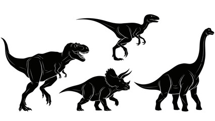 Silhouette illustration of four different dinosaurs: Tyrannosaurus Rex, Velociraptor, Triceratops, and Brachiosaurus.