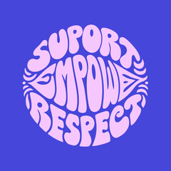 Pink groovy lettering circle with decorative elements on blue