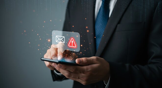 Corporate professional holding phone with red warning triangle and email icon, mobile data protection and cybercrime alert visualization - Powered by Adobe