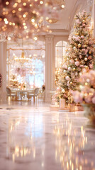 Luxury Christmas Party Venue Sparkling Pink Tree and Chandelier Elegant Interior Background