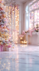 Luxury Hotel Lobby Grand Pink and Gold Christmas Tree Fantasy Winter Background