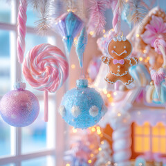 Pastel Christmas Ornaments Candy Canes Gingerbread House Luxury Decoration
