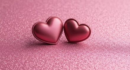 Obraz premium Two glossy, heart-shaped objects sit on a sparkling pink surface