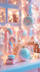 Luxury Pastel Christmas Cookies Stack and Tree Decoration Fantasy Shimmering Lights Background