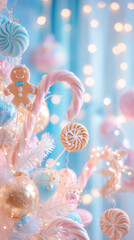 Pastel Christmas Decorations Gingerbread Man and Candy Canes Fantasy Winter Background