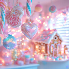 Pastel Christmas Ornaments Shimmering Heart Candy Canes Gingerbread House Background