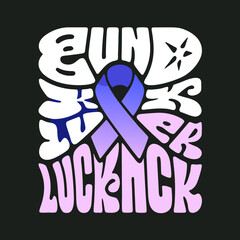 Good Luck text with purple ribbon on black background