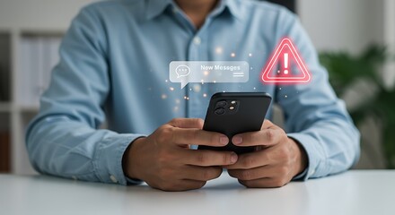 Digital fraud and smishing alert: User holding phone with virtual warning triangle and notification icons, concept of hacking and internet security