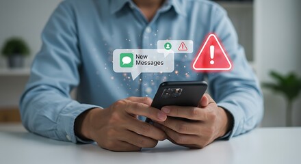 Mobile phone security breach: Person receiving suspicious message and fraud alert on smartphone, concept of online safety and identity theft prevention