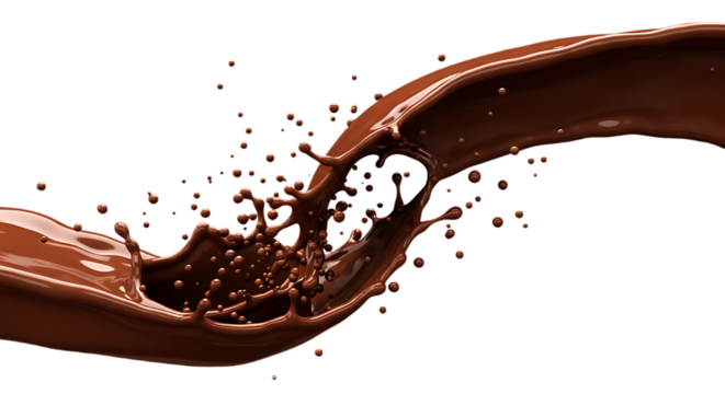 Dynamic chocolate splash with droplets isolated on transparent background