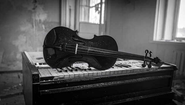 A black violin resting on a piano, both covered in a thin layer of dust in an abandoned music room.