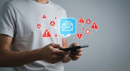 Digital threat and phishing warning on mobile phone, showing email icon with caution signs and security protection shield in 3d style