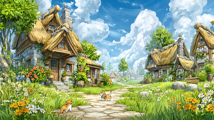 miniature countryside charm illustration Charming village with lush greenery and cottages. fairy tale tiny village aesthetic pastel cozy rural town wallpaper