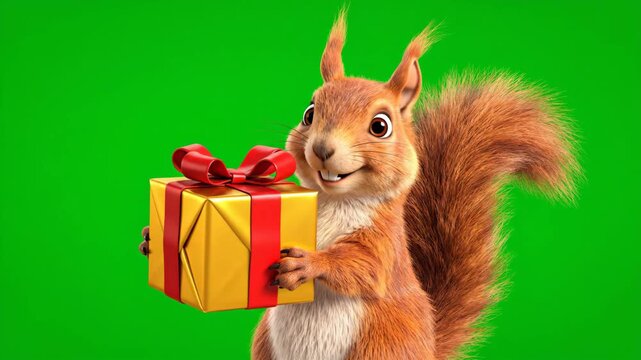 Animated Squirrel with Gift Box on Green Screen - A friendly cartoon squirrel with fluffy tail is holding a gold gift box wrapped with a red ribbon.