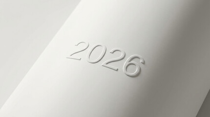 Obraz premium Minimalist white “2026” numbers embossed on smooth 3D surfaces with soft shadows, evoking a clean and classy celebration mood for contemporary New Year designs.
