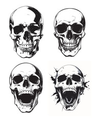 Fototapeta premium Skulls. black and White graphic human skull with black eyes set. illustration. vector.