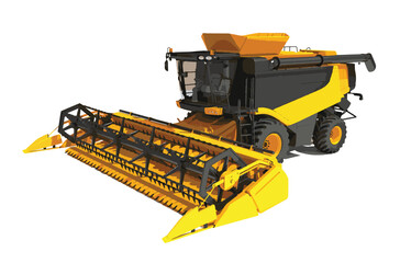 Obraz premium Combine harvester. Agriculture industrial farm equipment machine machinery job red vehicle vector illustration 3d realistic. Farming transport isolated on white.