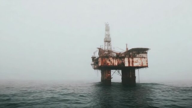 Rusty offshore oil platform on stilts rising from a calm, foggy sea.