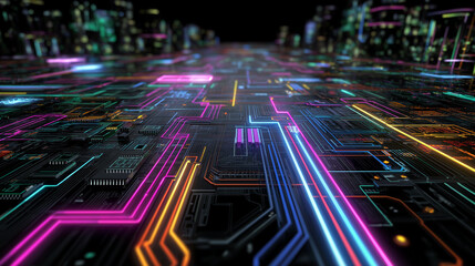 Futuristic colorful motherboard, Glowing chip and network paths, Electronic network concept