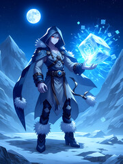 Powerful Frost Mage Summoning Magical Ice Energy Under Moonlit Sky
