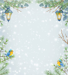 Christmas card with two blue and yellow birds and coniferous pine tree twig with lantern against background of snowfall. New Year card.