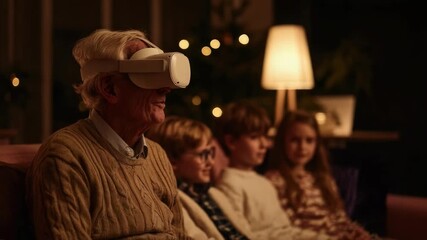 An elderly man wearing a virtual reality headset sits on a couch with children watching in a cozy living room. - Powered by Adobe