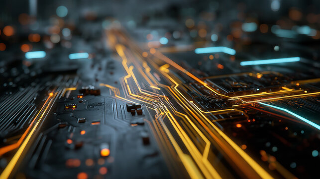 Futuristic colorful motherboard, Glowing chip and network paths, Electronic network concept