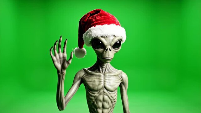 Christmas Alien Wave on Green Screen - A slender alien with large black eyes and elongated fingers waves hello while wearing a red Santa hat, set against a bright green background.