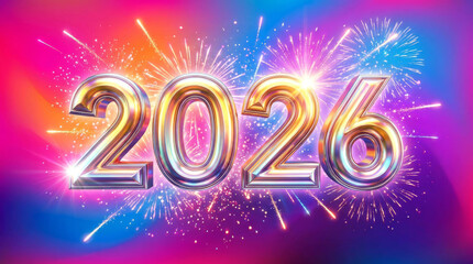  Vibrant 3D render of glowing metallic &ldquo;2026&rdquo; numbers with sparkling particles, festive light bursts, and colorful gradient background, creating a dynamic New Year celebration