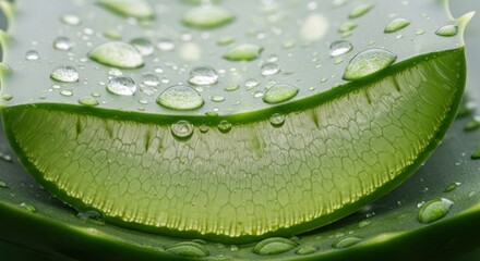 Fototapeta premium Close-up of a cut aloe vera leaf, displaying inner texture and water droplets