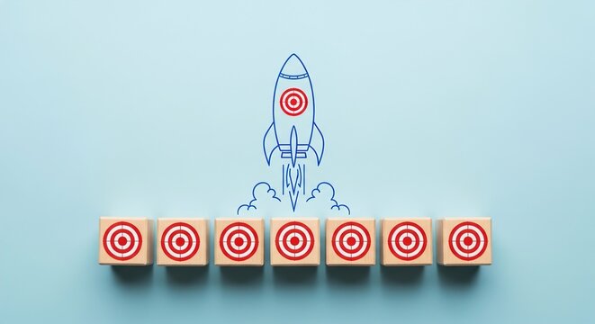 Rocket launching from targets representing business goals and success - Powered by Adobe