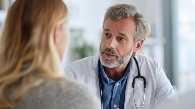 A doctor with a stethoscope talks with a patient in a clinic.