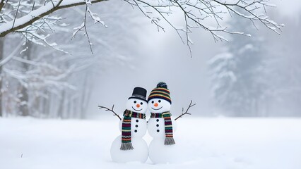 Obraz premium Two snowmen in a winter wonderland with a soft focus background