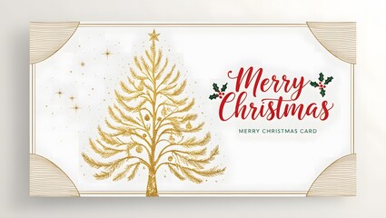 Minimalist Gold Christmas Tree and Red Merry Christmas Greeting Card on White Background