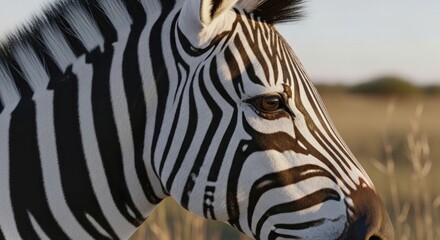 Naklejka premium Close-up of a zebra's head, showing detail of eye and patterned stripes in a grassy field