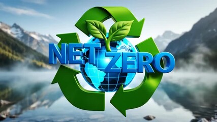 Net Zero Future Earth in Balance with Mountain Lake Scene, and Recycling. - Powered by Adobe