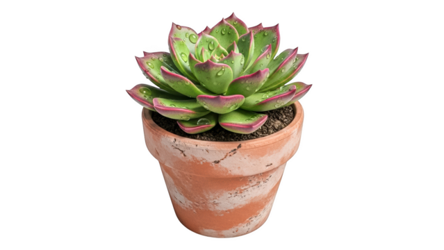 Green succulent plant in terracotta pot isolated on transparent background