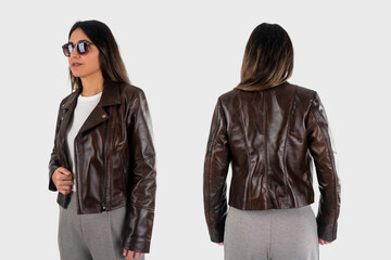 Woman Wearing Black Leather Jacket Front and Back View
