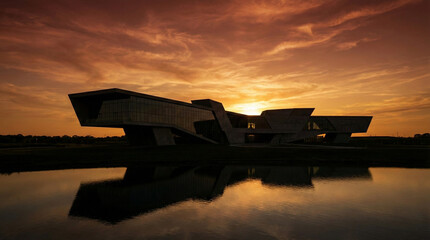 Dramatic Sunset over Modern Architecture: Building Silhouetted at Dusk