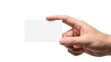 Hand holding a blank white square card isolated on transparent background