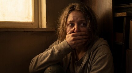 Obraz premium Person with messy hair covering mouth in dimly lit room near a window